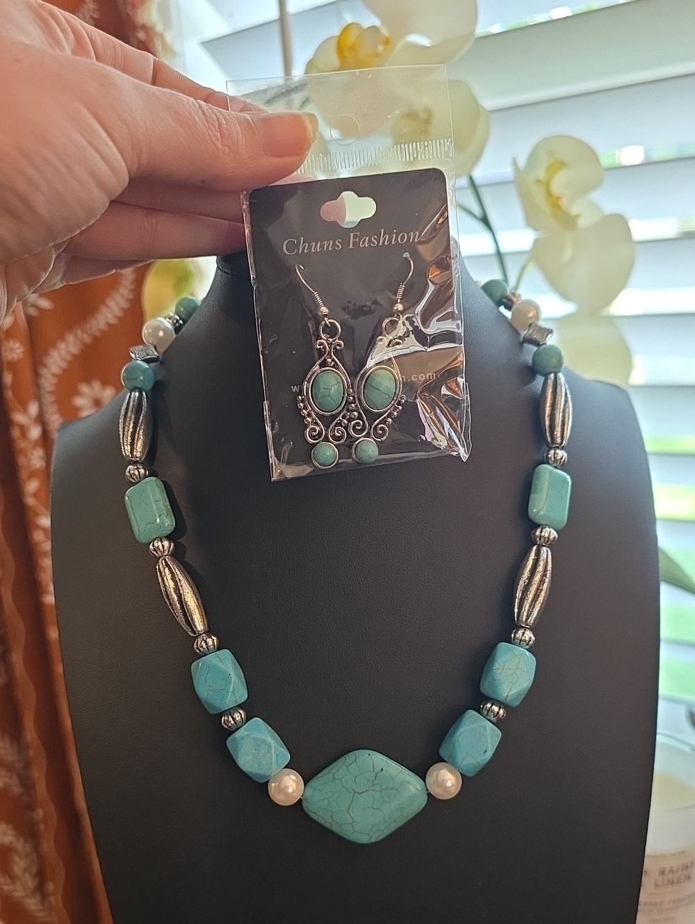 Turquoise Beaded Necklace and Earrings Set